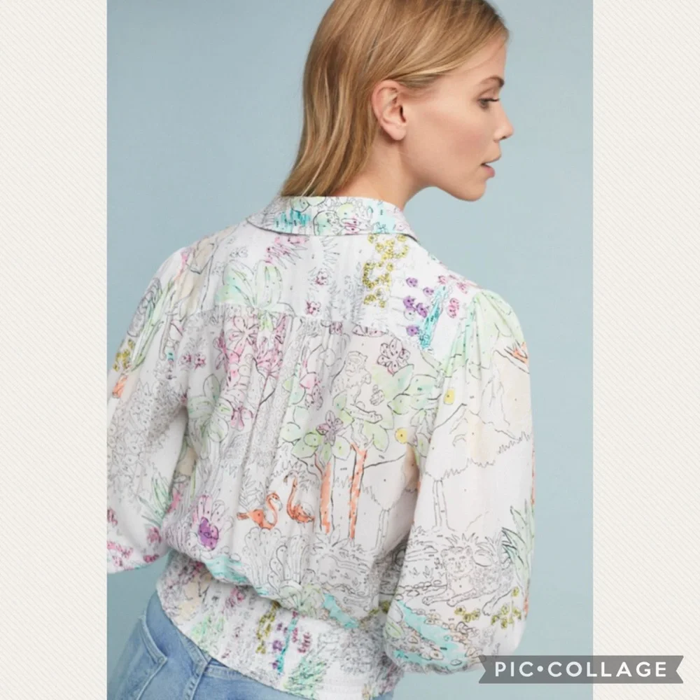 Anthropologie Maeve Jungle Rosa Blouse in Ivory